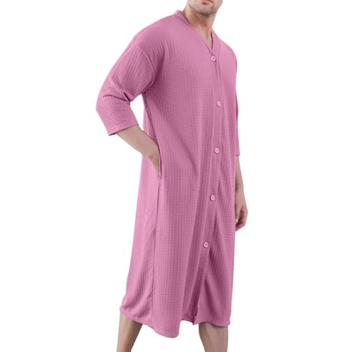 Men's Button Down Nightgown Waffle Breathable Long Nightshirt Oversized Loose Fit Sleepwear Knee Length Loungewear