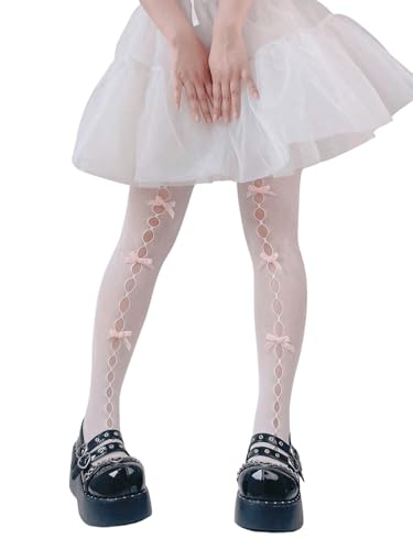 Image of OYOANGLE Women's Bow Knot Hollow Out Lace Tights Thigh High Fishnet Stockings Pantyhose