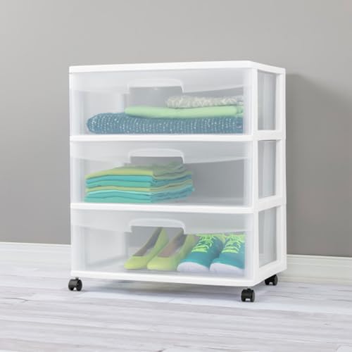 Image of Sterilite Wide 3 Drawer Storage Cart, Plastic Rolling Cart with Wheels to Organize Clothes in Bedroom, Closet, White with Clear Drawers, 1-Pack