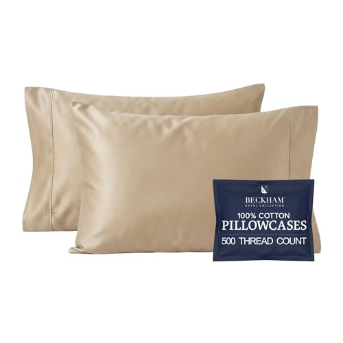 Image of Beckham Hotel Collection Pillowcases Queen Size Set of 2, Cool Touch Cotton Sateen Fabric, 500TC, Silky Smooth & Soft, Open End, Sand