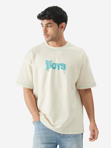 Image of The Souled Store Official The Boys: Doodle Men and Boys Round Neck Short Sleeve White Graphic Print Cotton Oversized Fit T-Shirts The Boys Meme Comic Character TV Show