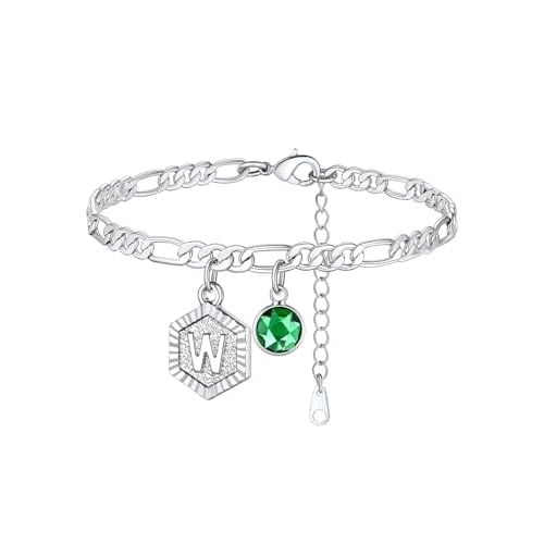 Custom4U Personalized Initial Ankle Bracelets for Women 14K Gold Plated Dainty CZ Birthstone Heart/Hexagon Letter Initial Anklets for Women Adjustable Silver/Gold Foot Chain Summer Beach Jew