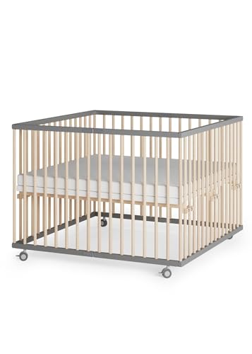 Sämann Laufstall faltbar Baby 100x100 cm mit Cloud Air Matratze | stufenlos höhenverstellbar | Laufgitter Premium | Babybett aus Holz | Krabbelgitter grau/natur Sämann Laufstall faltbar Baby 100x100 cm mit Cloud Air Matratze | stufenlos höhenverstellbar | Laufgitter Premium | Babybett aus Holz | Krabbelgitter grau/natur