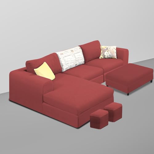Image of Koza LHS 4 Seater L Shape Sofa Set with Center Table for Living Room (Maroon Fabric) Premium Fabric Sofa