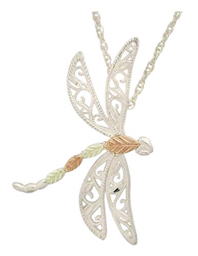 Collar con colgante de libélula de filigrana, plata de ley, oro rosa de 12 quilates y verde, colinas negras, 45,72 cm, metal,