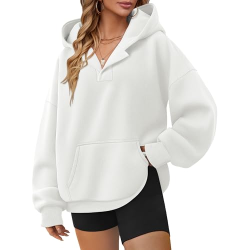 Elesomo Damen Hoodie Oversized Pullover V Ausschnitt Sweatshirt Baumwolle...
