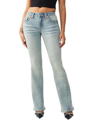 True Religion Women’s Joey Mid Rise Big T Flare Jeans – Pink Horseshoe Flap Pockets & Classic Flared Denim Fit – Chill Glow, 25