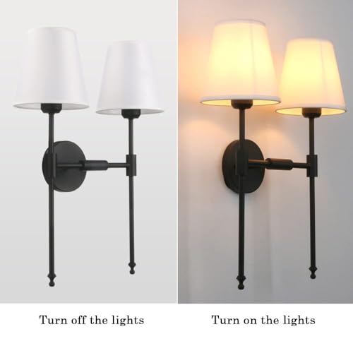 Image of PERMO Classic Rustic Double Sconce 2-Lights Wall Sconce Lighting Fixture with Flared White Textile Lamp Shade and and Black Finished Long Arm,Wall Sconce Light Fixture for Bathroom Bedroom Bedside