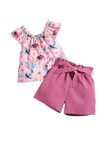 Image of OYOANGLE Girl's 2 Piece Outfits Boho Floral Print Ruffle Tank Top and Bow Belted Shorts Clothing Set