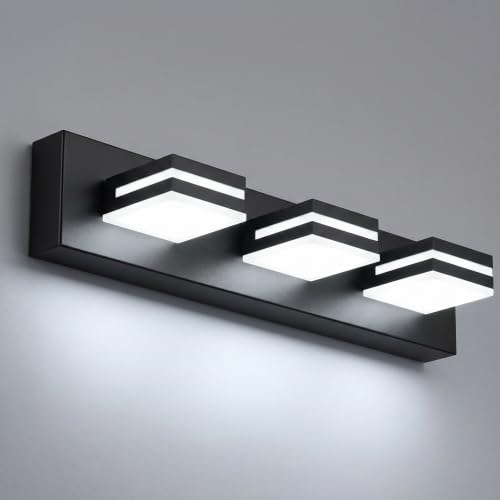 Image of Black Modern LED Bathroom Vanity Light Fixtures over Mirror (22 in 3-Light) | Rotatable Heads, Dimmer Compatible, Wall Mount, Square Shape Design