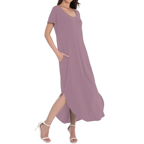 Image of Matchstick Women's Flowy Maxi Dress V-Neck Relaxed Loose Fit Short Sleeve Casual Sundress with Pockets Side Split Beach Dress