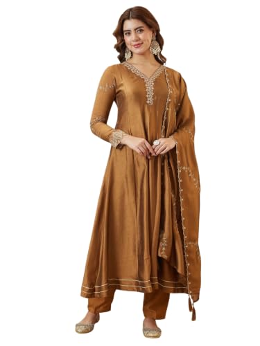Image of MOKOSH Women's Silk Embroidery Anarkali Kurta Pant with Dupatta | Anarkali Kurta Set |Ethnic Kurta Set for Women |Floral Kurta 7 Colour Options Available |3 Piece Outfit