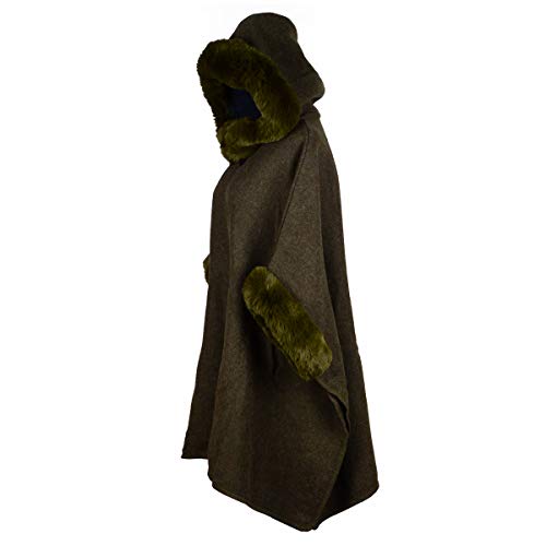 Iristide Women's Hooded Cloak Faux Rabbit Fur Cape Wrap Wool Coat Cardigan Poncho Warm (Green)