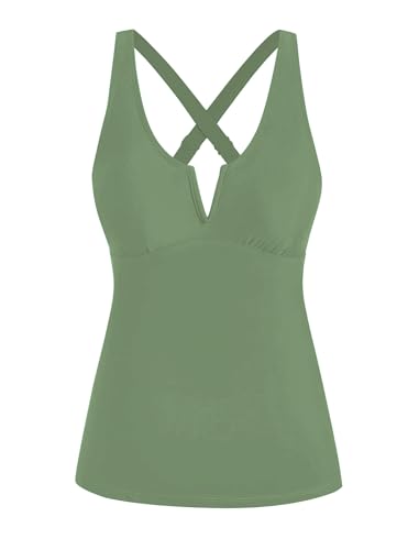 ZAFUL Tankini Tops for Women Tummy Control Bathing Suit Tops Only Split Neck Modest Swimsuit Swim Tank Top No Bottom Army Green