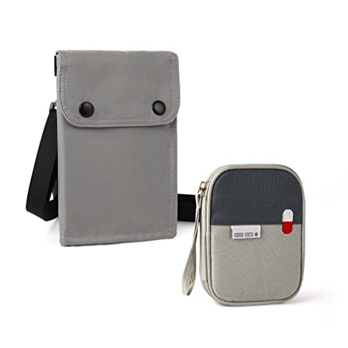 Babogi Portadocumentos Viaje De Cuello -Portadocumentos Viaje Avion Que Incluye Bolso Botiquín -Porta Pasaporte Viaje con Bloqueo RFID - Porta Documentos para Viaje Color Gris Impermeable Cover