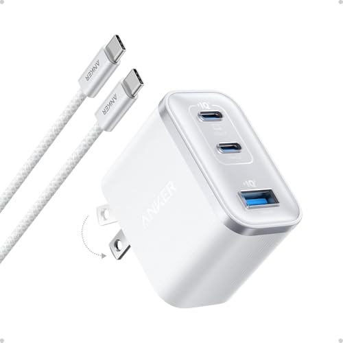 Anker Nano USB C Charger Ultra-Fast 70W Output 3-Port Fast Charger USB C Type C Charger Fast Charging Compact and Stylish for iPhone 17/16 Series MacBook iPad and More(White Cable Included)