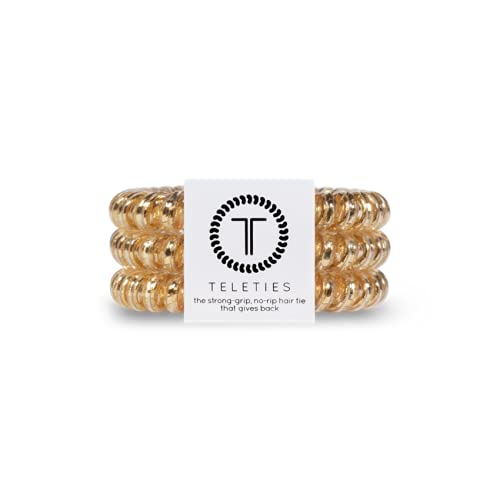 TELETIES - Spiral Hair Coils - Ponytail Holder Hair Ties for Women - Phone Cord Hair Ties - Strong Grip, No Rip, Water Resistant, No Crease Hair Tie Coils - 3 pack (Small, Good as Gold)