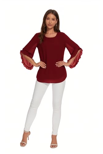 CASURESS Womens Blouses Floral Printed 3 4 Batwing Sleeve Shirt Crew Neck Double Layered Chiffon Loose Tops2