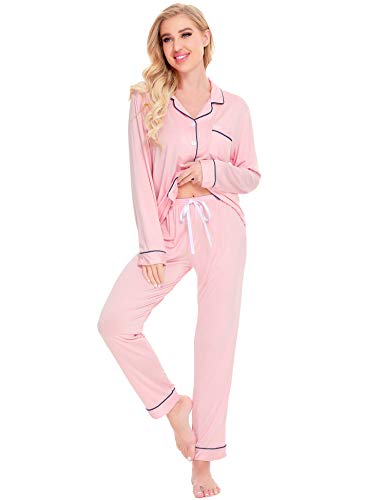 Image of SWOMOG Womens Pajamas Set Long Sleeve Sleepwear Button Down Nightwear Soft Cotton Pj Lounge Sets