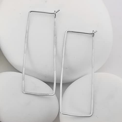 Thin Hammered Hoop Earrings, Elegant Geometric Shapes In Solid Sterling Silver; Everyday Textured Rectangle Hoops For Women Handmade By Lotus Stone Jewelry (Silver, Rectangle) #TOP3