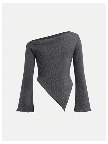 SweatyRocks Girl's Off The Shoulder Bell Long Sleeve T Shirt Knit Asymmetrical Ruched Y2K Tops2