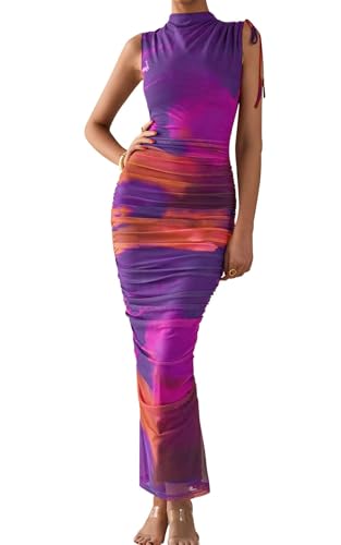 PRETTYGARDEN Women's Summer Maxi Floral Dresses Ruched Bodycon Sleeveless Mesh Formal Wedding Guest Cocktail Split Long Dress