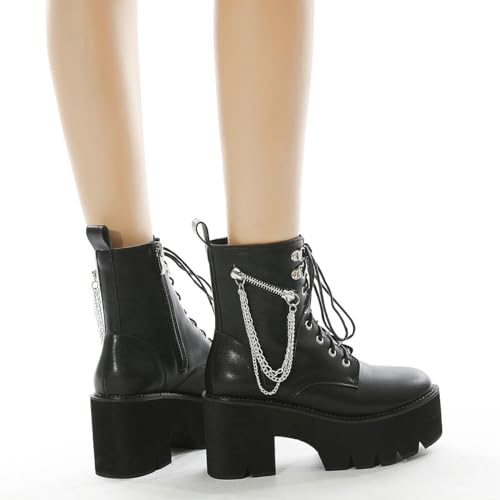 Image of Parisuit Womens Goth Patent Ankle Boots Platform Chunky Combat Boots | Lace Up, Gothic Boots, High Heel, Punk Short Booties, Buckle Boots, Chain Boots