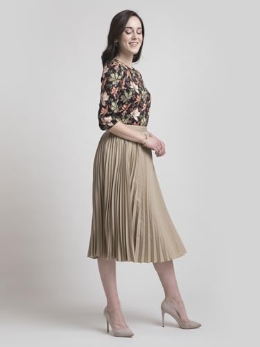 Image of FableStreet Women Skirt Casual & Festive | Elegant Flared Fit High Rise Knife Pleats All-Over Floral Print | Wrinkle-Resistant Woven Fabric for Summer & Outings
