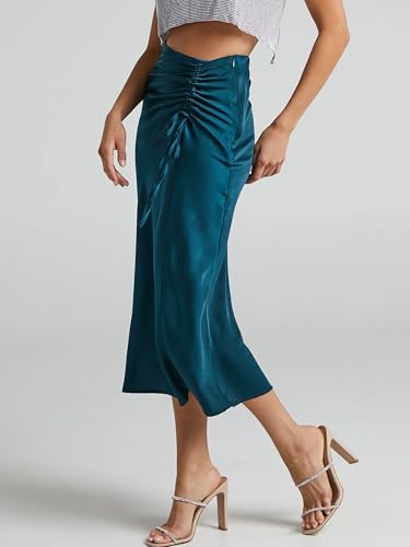 Midi Skirts for Women, Solid Color Satin Pleated Zipper Skirts Silky Casual A-line Elegant High Waist Summer Long Skirt3