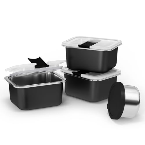 Image of Bakpoco Stainless Steel Snack Lunch Containers for Kids, 3 Packs 12 oz Leak-Proof Lunch Box Containers, Microwave-Safe, Convenient Metal Small Food Storage Container with Lid for School, Work