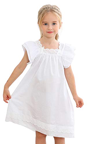 PUFSUNJJ Lovely Girls Princess Nightgown Soft Cotton Sleepwear Kids 3-12 Years White - Thumbnail 4