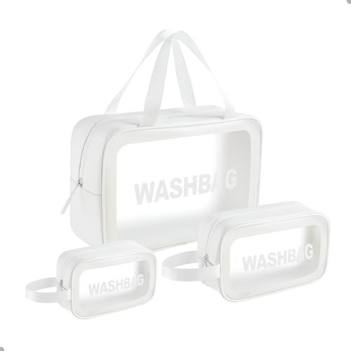 Kit Necessaire Transparente 3 Peças – Organizador de Mala em PVC Impermeável | Washbag para Maquiagem, Cosméticos e Higiene | Grande Capacidade, Unissex, Compacto para Viagem e Academia (Branco)