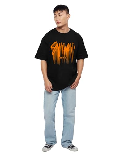 Image of LEOTUDE Men Half Sleeve Round Neck Graphic Font Printed Cottonblend Oversized Tshirts (Colour: Orange)
