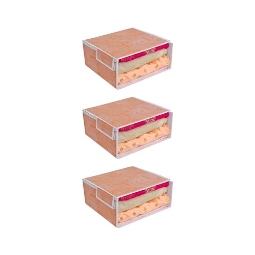Image of PRETTY KRAFTS Stackable Fabric Saree Storage Organizer for wardrobe, Clear front window with Lid, Stackable organizers, Perfect to organize sarees in a wardrobe, Set of 3, Jute OrangeGrey