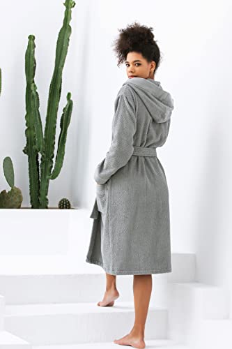 Seyante Turkish Cotton Terry Men's & Women's Bathrobe - Hooded, Kimono Cotton Terry Cloth Robe - Long Textured, Rice Weave Trim (Large, Grey/Hooded) #TOP4