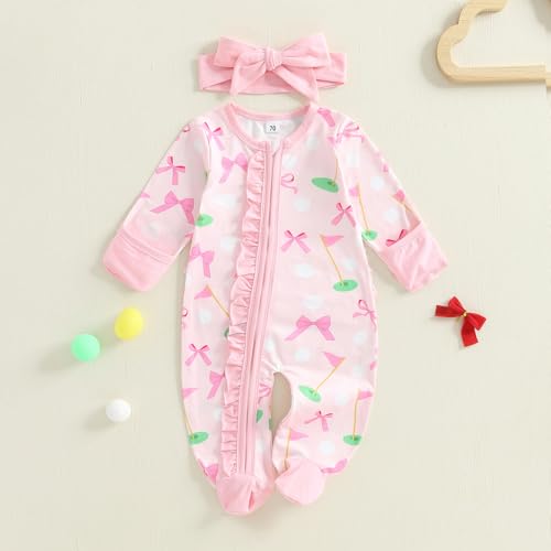 Newborn Baby Girl Golf Outfit Bow Golf Romper Long Sleeve Footed Zipper Jumpsuit Infant Fall One Piece Clothes4