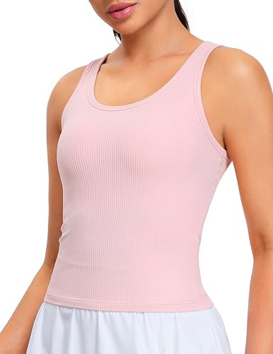 YUNOGA Ribbed Workout Tank Tops for Women - U Back Athletic Spandex Yoga Shirts with Built in Bra (M Pink Sude)