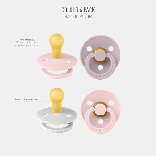 BIBS Colour, Set di 4 ciucci, succhietto senza BPA, Tettarella tonda. Lattice di gomma naturale, Prodotto in Danimarca/UE. 0-6 mesi (set da 4), Haze Mix