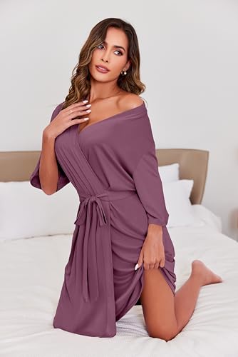 Image of Ekouaer Short Robes for Women Lightweight Kimono Robes Knit Bathrobe Soft Sleepwear with Pockets S-XXL
