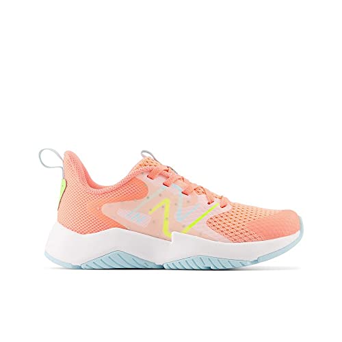 New Balance Tênis infantil unissex Rave Run V2 com cadarço, Toranja/azul alvejante/Hi-lite, 1 X-Wide