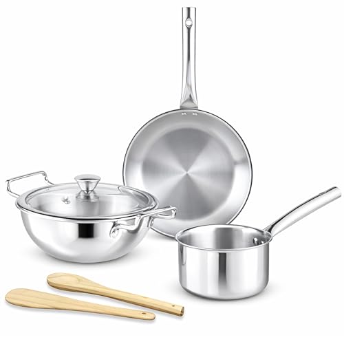 Image of Kreme Platina Triply Stainless Steel Cookware Set 4 Pc - Superior Finish, Cool Grip Handle, Induction Compatible | 100% Non-Toxic, Nickel-Free | Frypan 1.45 L + Kadai 2.2 L & Saucepan 1.2 L with Lids