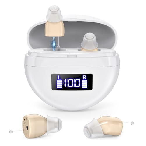 Rechargeable Hearing Aids for Seniors,Invisible Digital Hearing Loss Hearing Amplifier, Noise Cancelling comfort, display battery charging case. (Brown)