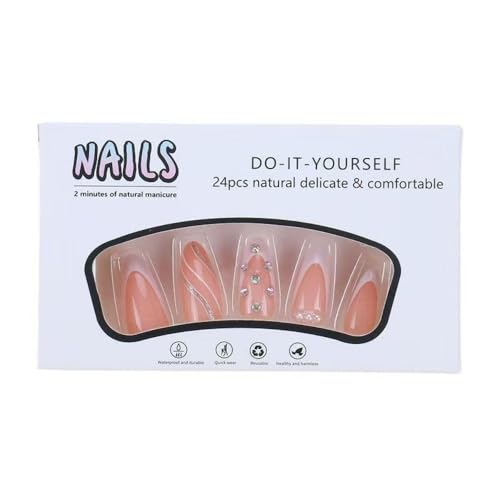 Image of White French Tip Press on Nails Silver Wave Glue on Nails with Rhinestone Design Nude Acrylic Fake Nails Glossy Artificial Nail Medium Almond Shape False Nails for Women Girls Manicure 24Pcs