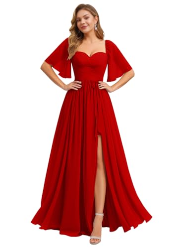 Image of IIF Women's Chiffon Bridesmaid Dresses for Wedding Flutter Sleeves Ruched A Line Long Formal Dress with Slit IIF149