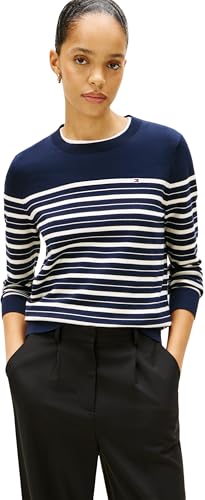 Tommy Hilfiger Donna Pullover Jersey Fine con Scollo Rotondo, Blu (Dark Night Navy/Calico Multi STP), XL
