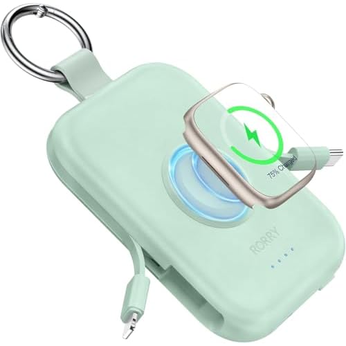 RORRY Portable Charger, 5000mAh Portable Charger Power Bank with Built-in Cables, Travel Keychain Battery Pack for Apple Watch Ultra/11/10/9/8/7/6/SE, iPhone Air/17/16/15/14/13/12, Black