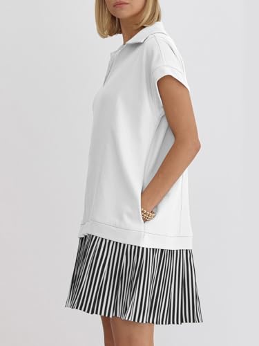 Image of Women's V Neck Short Sleeve Summer Dress Cap Sleeve Casual Loose Fit Pleated Striped Shirt Dress