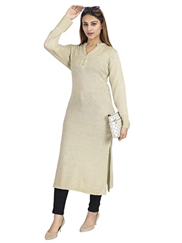 Image of Rosary Women's Winter Wear Solid Woolen Warm Straight Kurti with 2 Side Pockets Beige