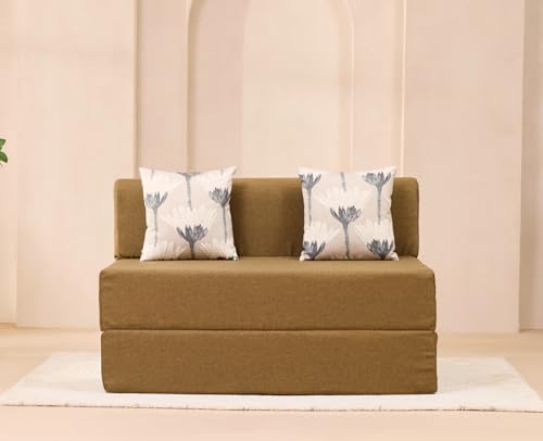Image of uberlyfe Xtra High, Xtra Soft 2 Seater (4' x 6') Sofa Cum Bed | 1 Year Warranty | 17 inch Sofa Height | Twin Size Foldable Bed | Water Repellent Fabric | 2 Cushions Bloom Pattern | Rodhouse Brown Color