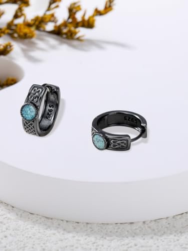 Black Viking Hoop Earrings for Men 925 Sterling Silver Rune/Ankh/Celtic Knot Turquoise Huggie Earrings Viking Jewelry Gifts for Men Women3